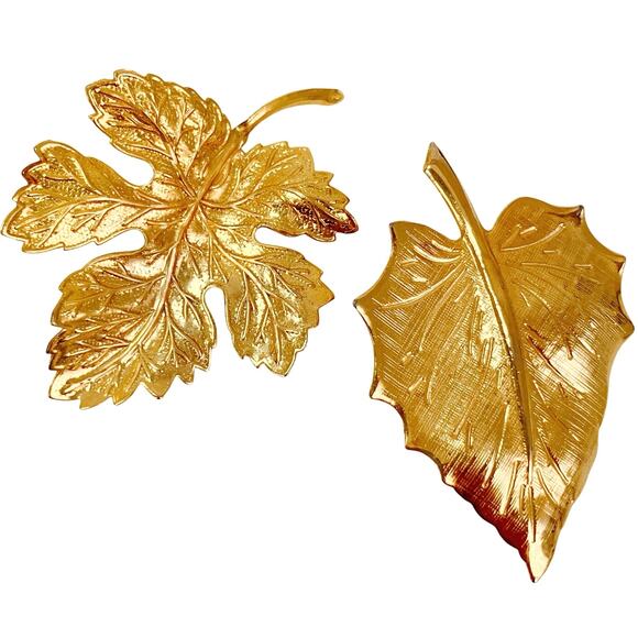 VTG Set of 2 Leaf Brooches Gold Tone Mid Century Fall Autumn Scarf Harvest Pins - Picture 1 of 10